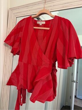 LOFT Red Wrap Peplum Blouse with Flutter Sleeves
